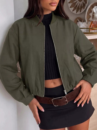 Olive Green Zip-Up Dropped Shoulder Cropped Jacket - Bitsy Gypsy Boutique