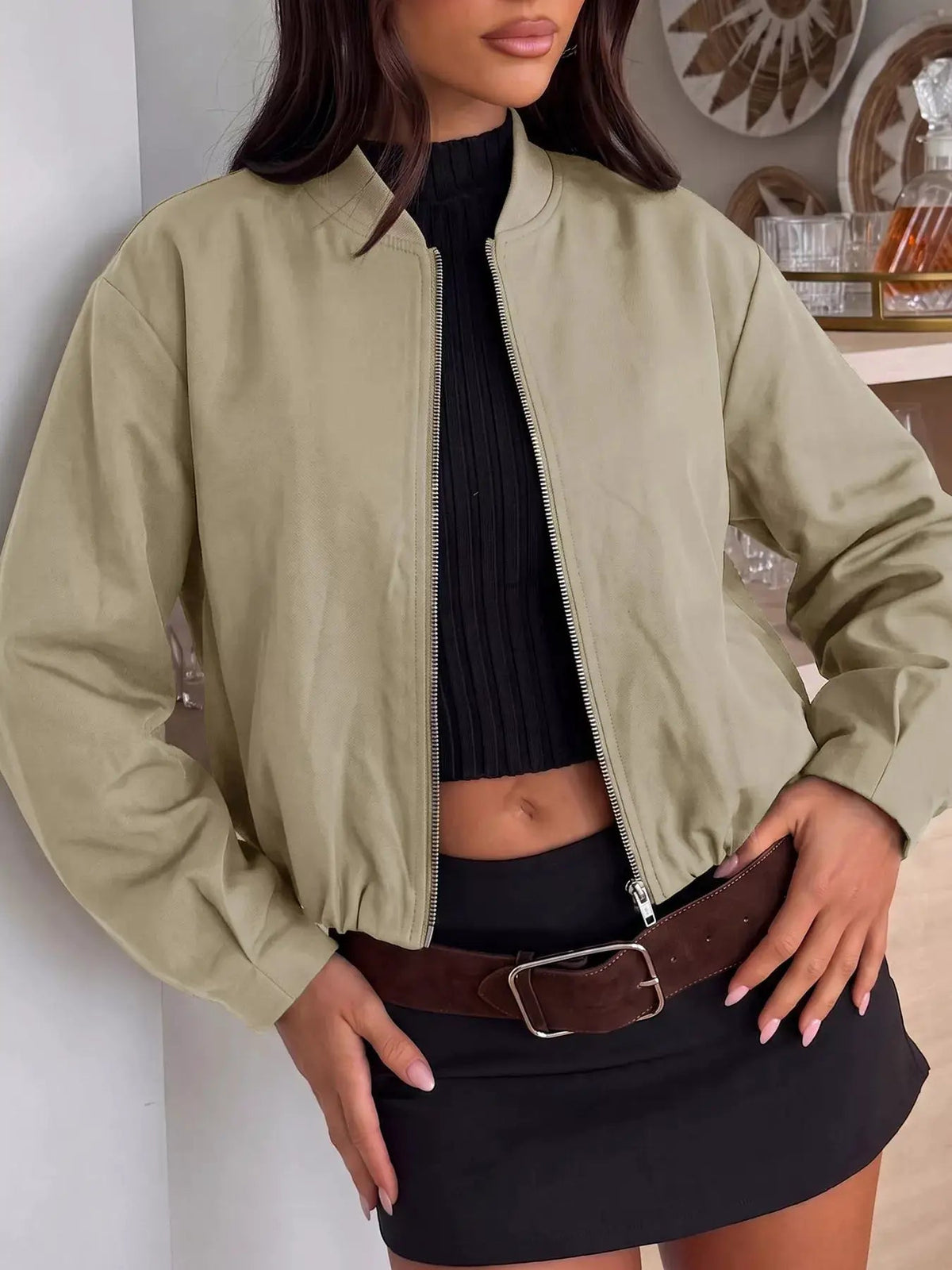 Olive Green Zip-Up Dropped Shoulder Cropped Jacket - Bitsy Gypsy Boutique