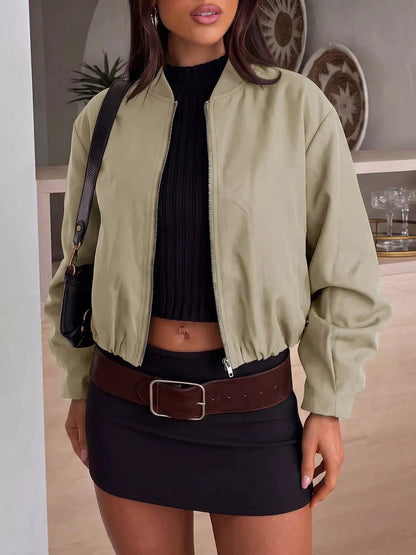 Olive Green Zip-Up Dropped Shoulder Cropped Jacket - Bitsy Gypsy Boutique