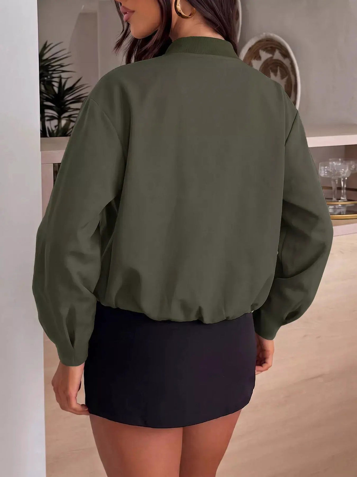 Olive Green Zip-Up Dropped Shoulder Cropped Jacket - Bitsy Gypsy Boutique