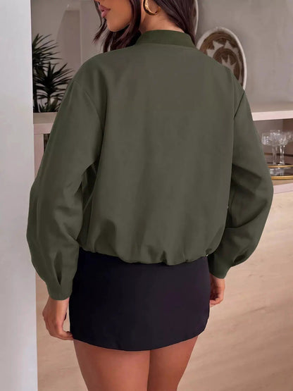 Olive Green Zip-Up Dropped Shoulder Cropped Jacket - Bitsy Gypsy Boutique