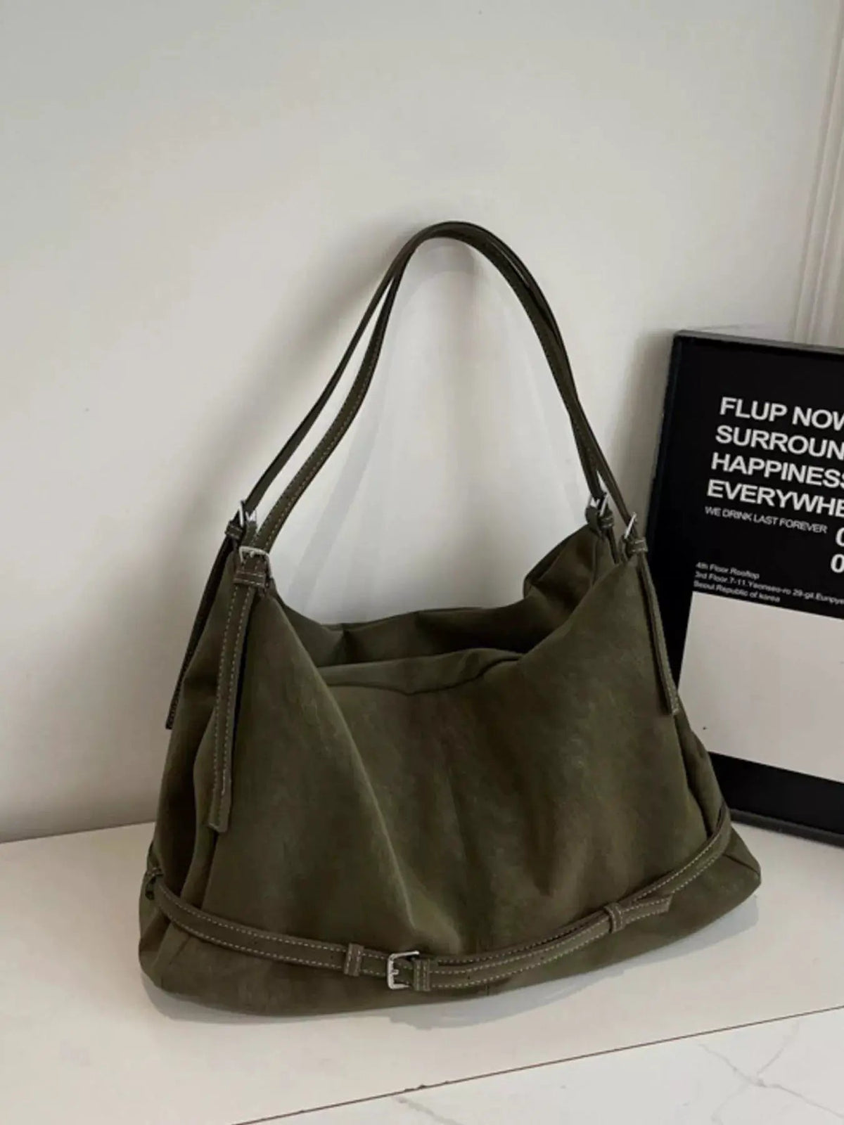 Olive PU Leather Adjustable Slouchy Shoulder Bag - Bitsy Gypsy Boutique