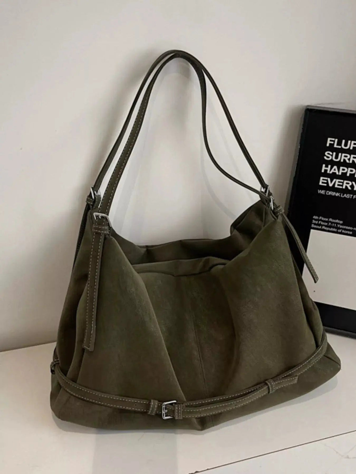 Olive PU Leather Adjustable Slouchy Shoulder Bag - Bitsy Gypsy Boutique