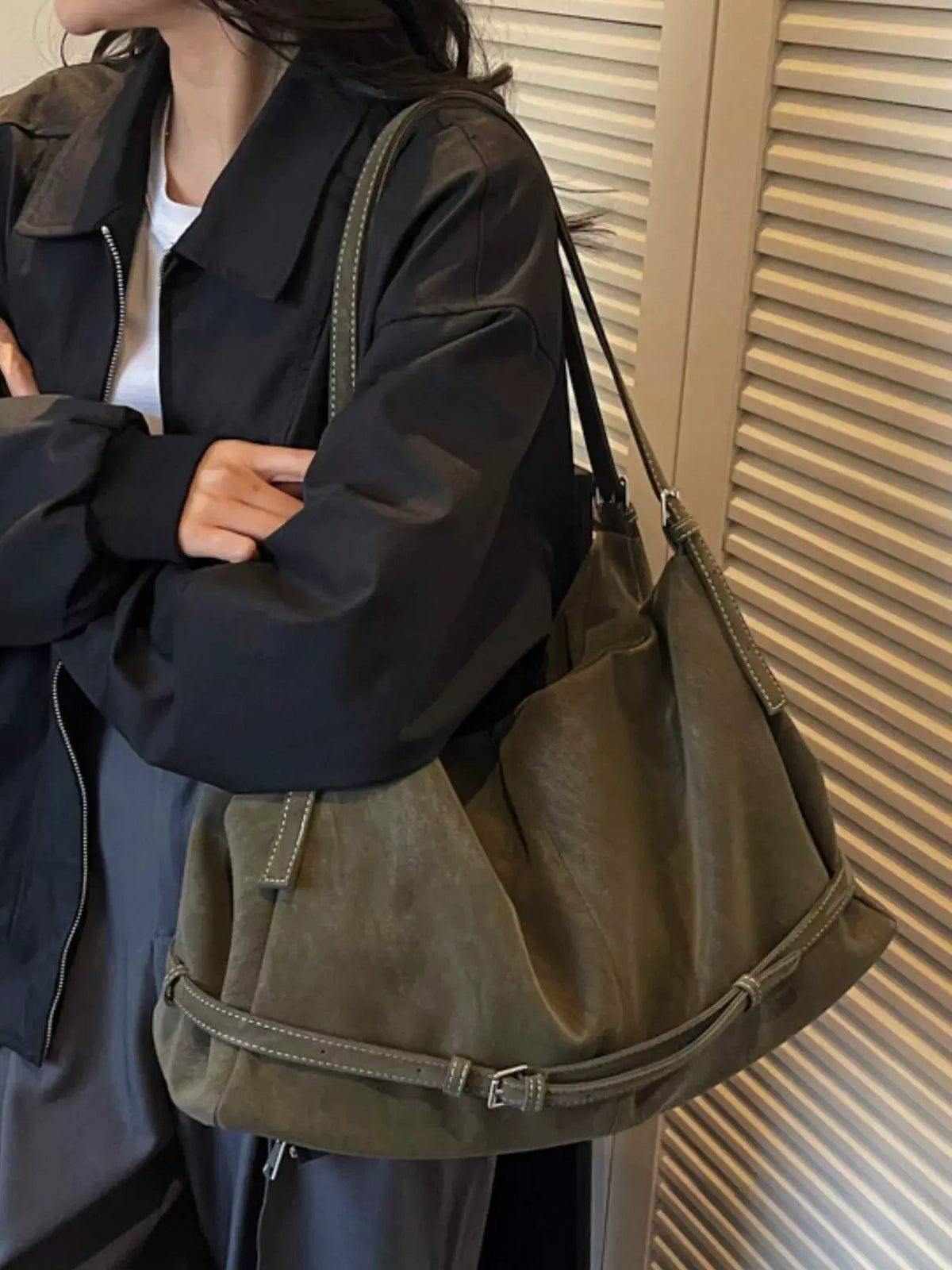 Olive PU Leather Adjustable Slouchy Shoulder Bag - Bitsy Gypsy Boutique