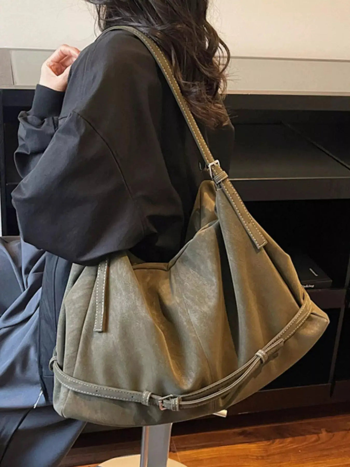 Olive PU Leather Adjustable Slouchy Shoulder Bag - Bitsy Gypsy Boutique