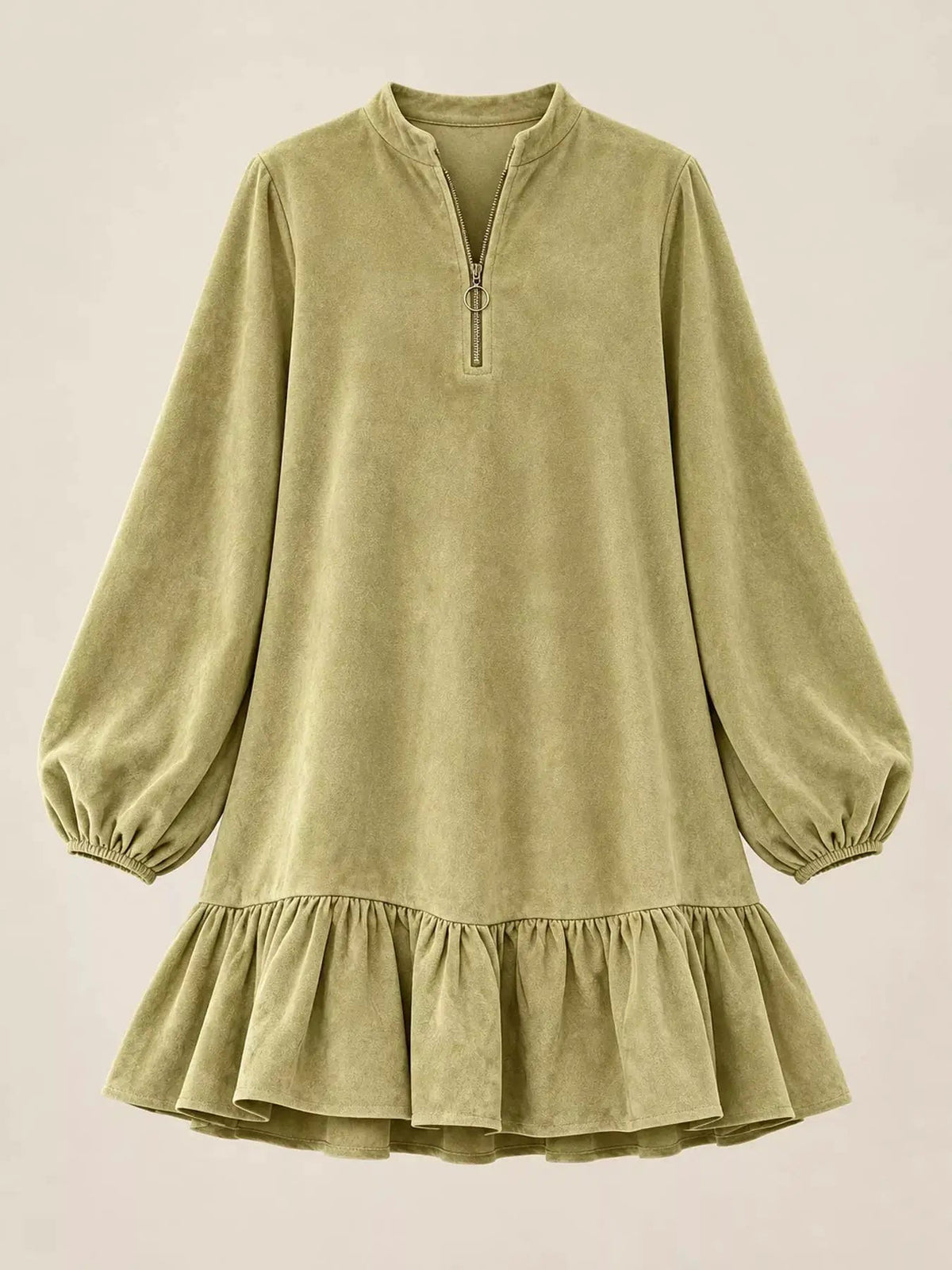 Olive Quarter Zip Ruffle Hem Long Sleeve Mini Dress - Bitsy Gypsy Boutique