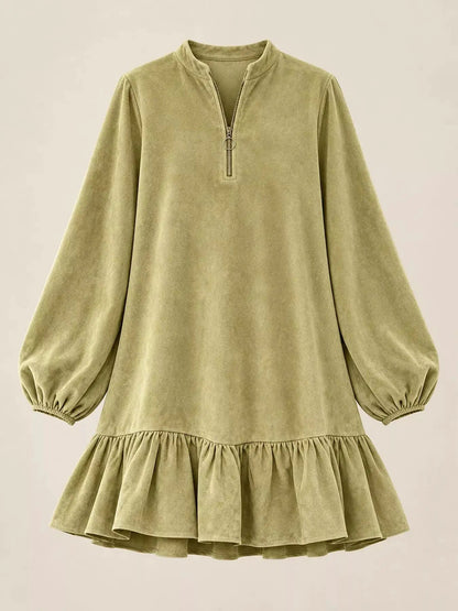 Olive Quarter Zip Ruffle Hem Long Sleeve Mini Dress - Bitsy Gypsy Boutique
