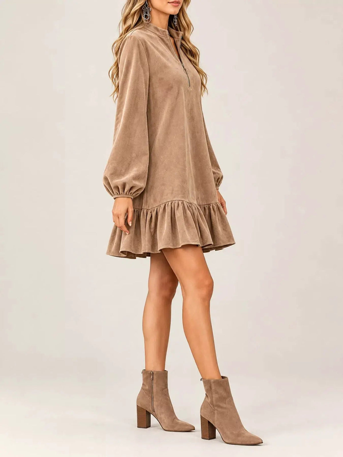 Olive Quarter Zip Ruffle Hem Long Sleeve Mini Dress - Bitsy Gypsy Boutique