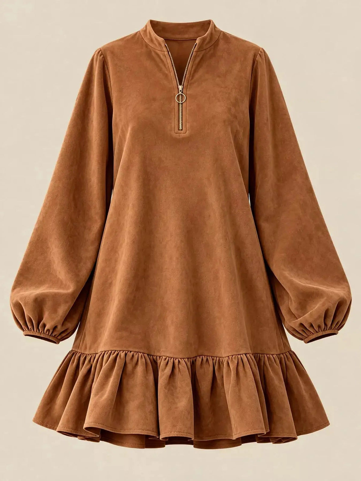 Olive Quarter Zip Ruffle Hem Long Sleeve Mini Dress - Bitsy Gypsy Boutique