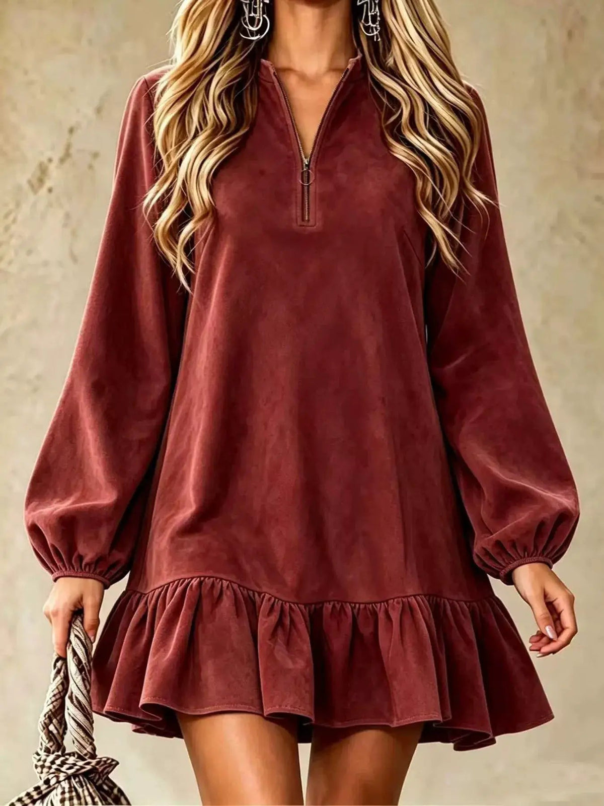 Olive Quarter Zip Ruffle Hem Long Sleeve Mini Dress - Bitsy Gypsy Boutique