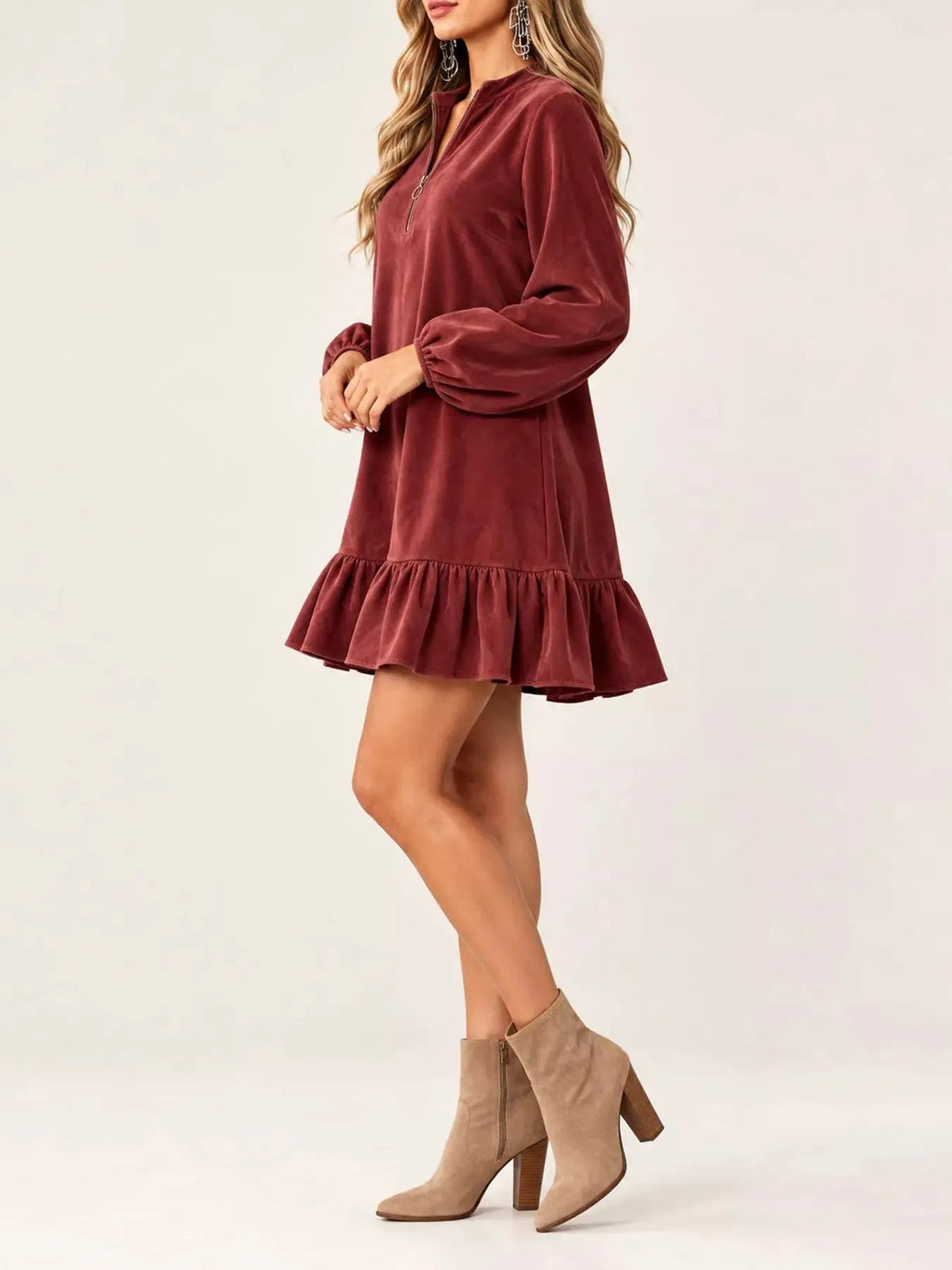 Olive Quarter Zip Ruffle Hem Long Sleeve Mini Dress - Bitsy Gypsy Boutique
