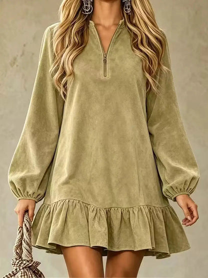 Olive Quarter Zip Ruffle Hem Long Sleeve Mini Dress - Bitsy Gypsy Boutique