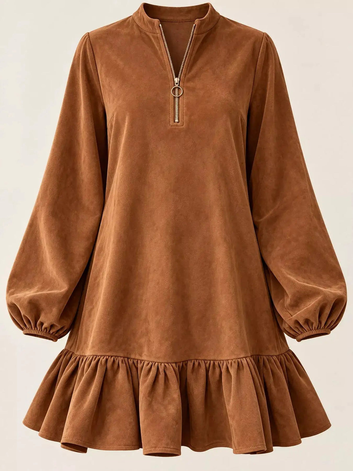 Olive Quarter Zip Ruffle Hem Long Sleeve Mini Dress - Bitsy Gypsy Boutique