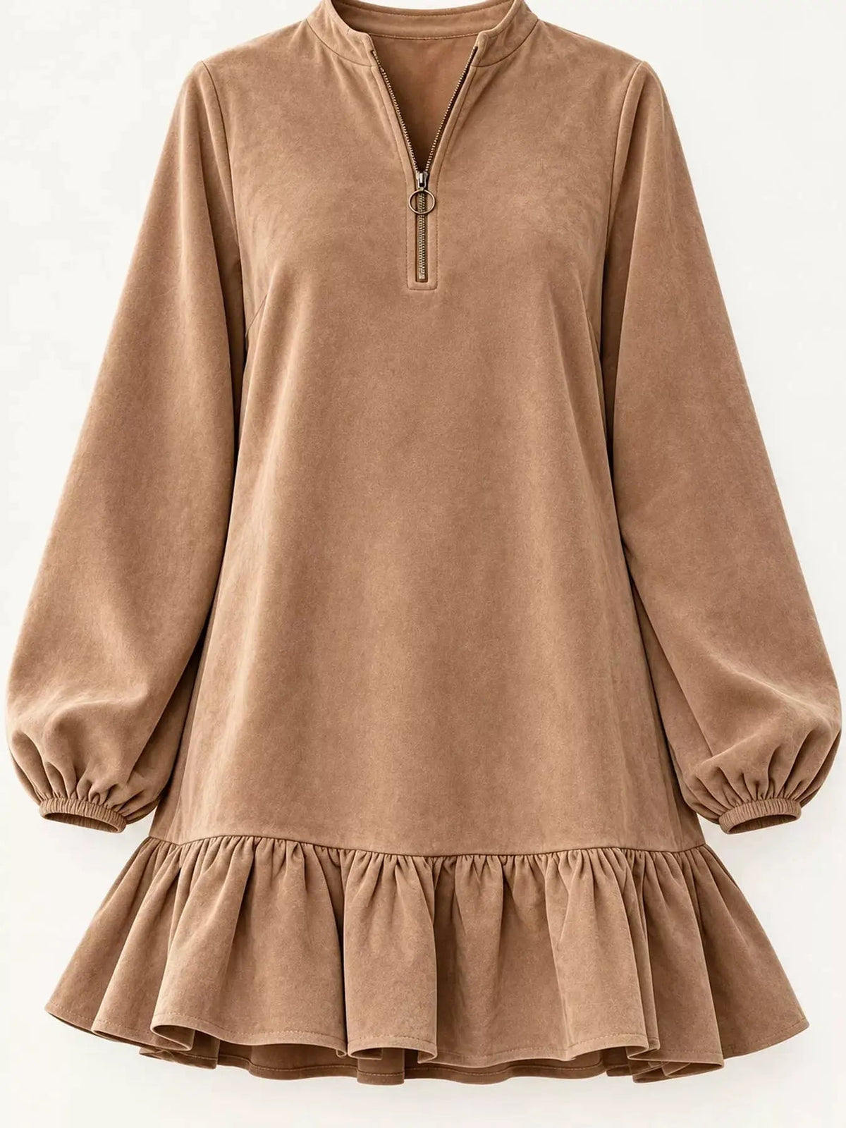 Olive Quarter Zip Ruffle Hem Long Sleeve Mini Dress - Bitsy Gypsy Boutique