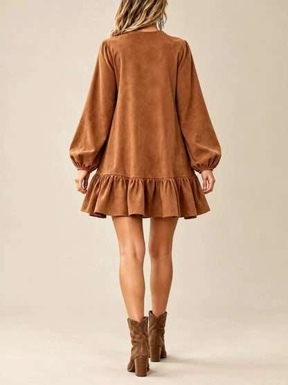 Olive Quarter Zip Ruffle Hem Long Sleeve Mini Dress - Bitsy Gypsy Boutique