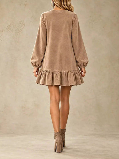 Olive Quarter Zip Ruffle Hem Long Sleeve Mini Dress - Bitsy Gypsy Boutique