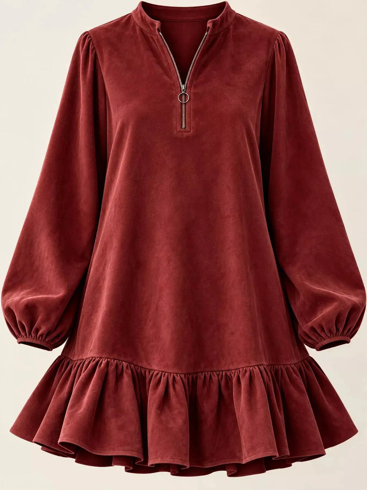 Olive Quarter Zip Ruffle Hem Long Sleeve Mini Dress - Bitsy Gypsy Boutique