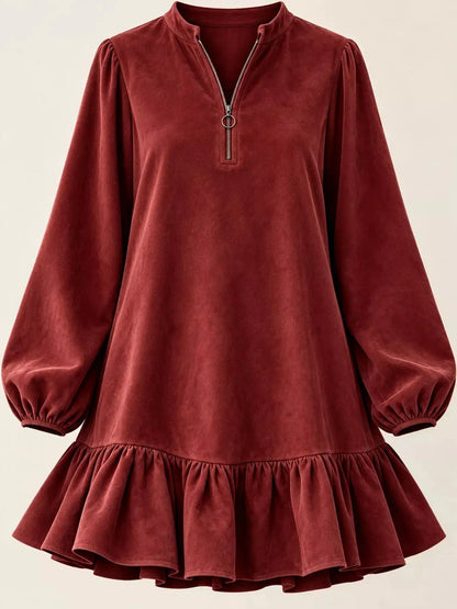 Olive Quarter Zip Ruffle Hem Long Sleeve Mini Dress - Bitsy Gypsy Boutique