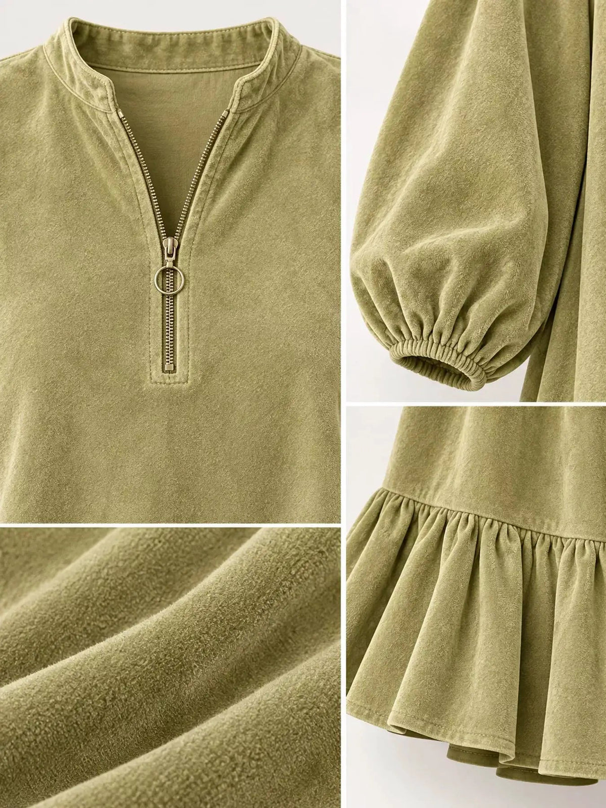 Olive Quarter Zip Ruffle Hem Long Sleeve Mini Dress - Bitsy Gypsy Boutique