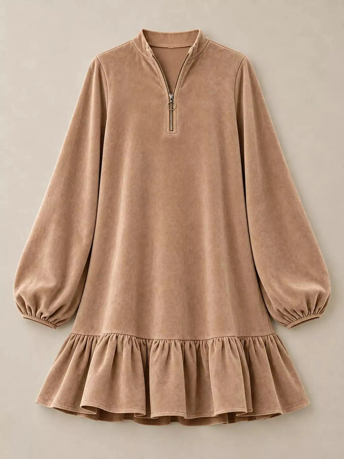 Olive Quarter Zip Ruffle Hem Long Sleeve Mini Dress - Bitsy Gypsy Boutique