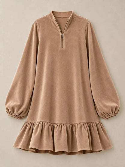Olive Quarter Zip Ruffle Hem Long Sleeve Mini Dress - Bitsy Gypsy Boutique