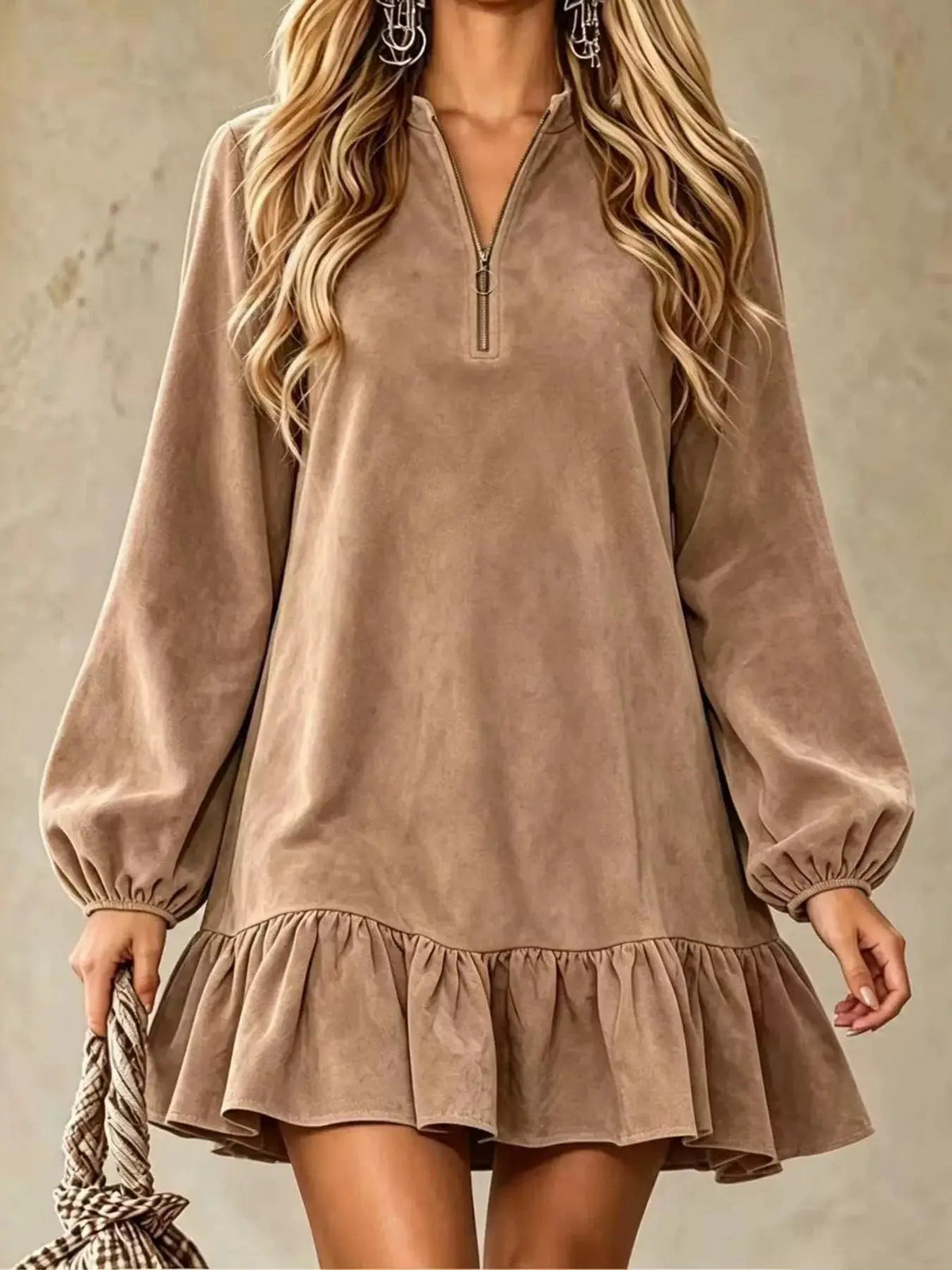 Olive Quarter Zip Ruffle Hem Long Sleeve Mini Dress - Bitsy Gypsy Boutique