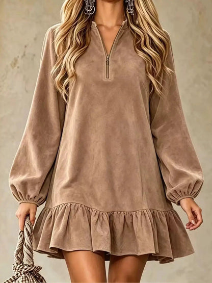 Olive Quarter Zip Ruffle Hem Long Sleeve Mini Dress - Bitsy Gypsy Boutique