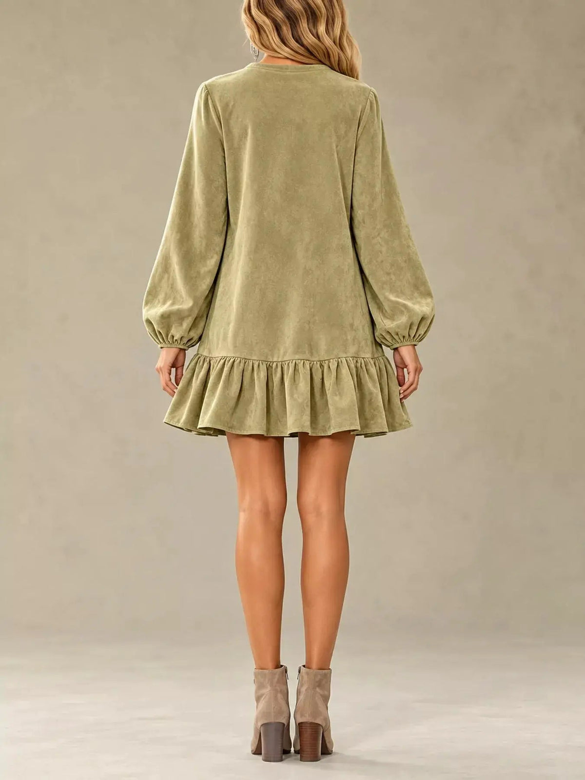 Olive Quarter Zip Ruffle Hem Long Sleeve Mini Dress - Bitsy Gypsy Boutique