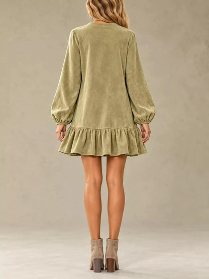 Olive Quarter Zip Ruffle Hem Long Sleeve Mini Dress - Bitsy Gypsy Boutique