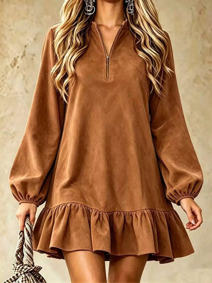 Olive Quarter Zip Ruffle Hem Long Sleeve Mini Dress - Bitsy Gypsy Boutique