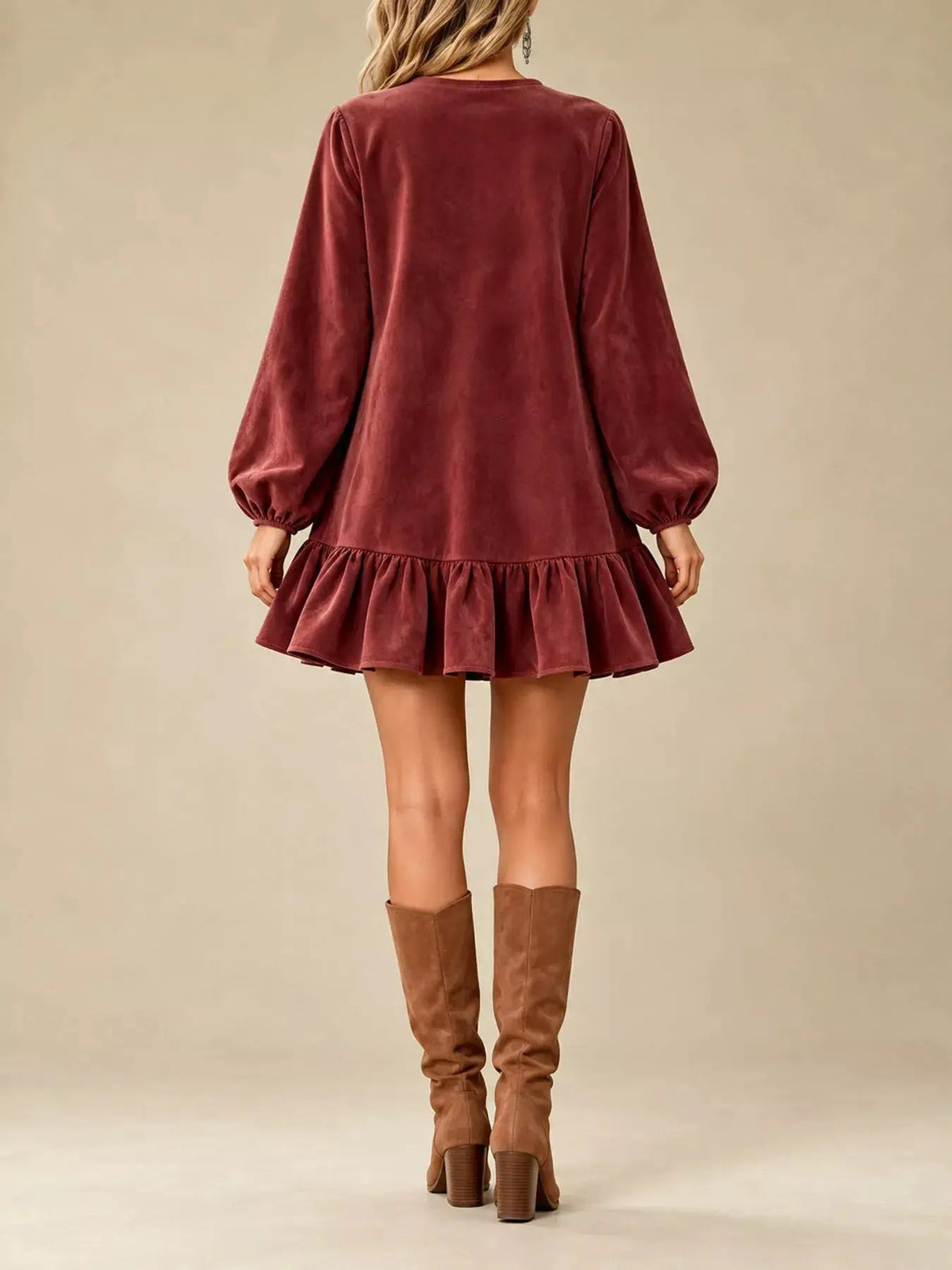 Olive Quarter Zip Ruffle Hem Long Sleeve Mini Dress - Bitsy Gypsy Boutique