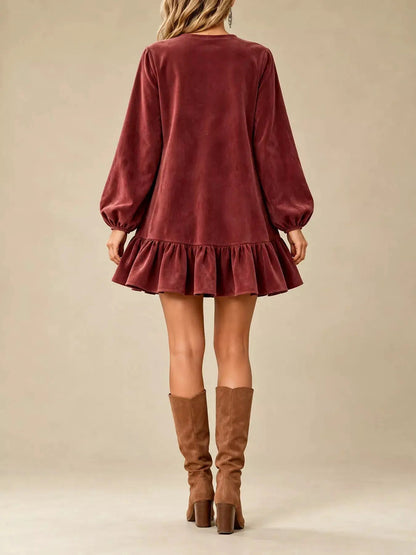 Olive Quarter Zip Ruffle Hem Long Sleeve Mini Dress - Bitsy Gypsy Boutique