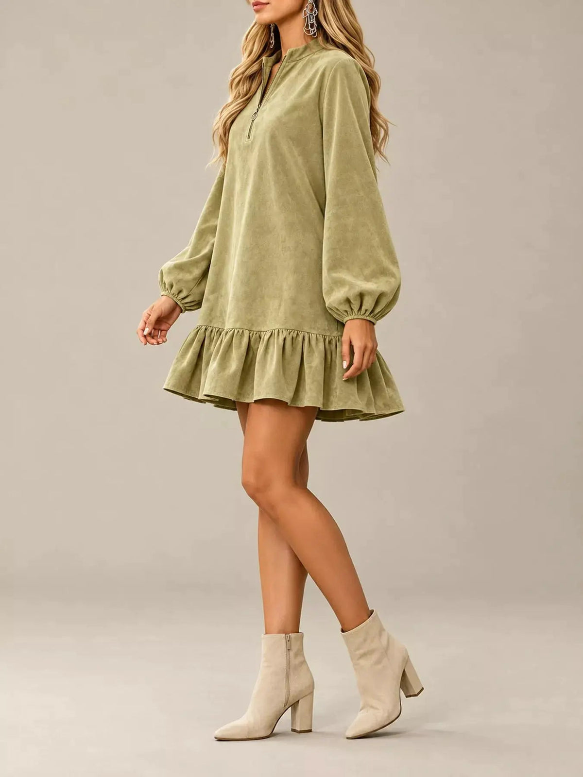 Olive Quarter Zip Ruffle Hem Long Sleeve Mini Dress - Bitsy Gypsy Boutique