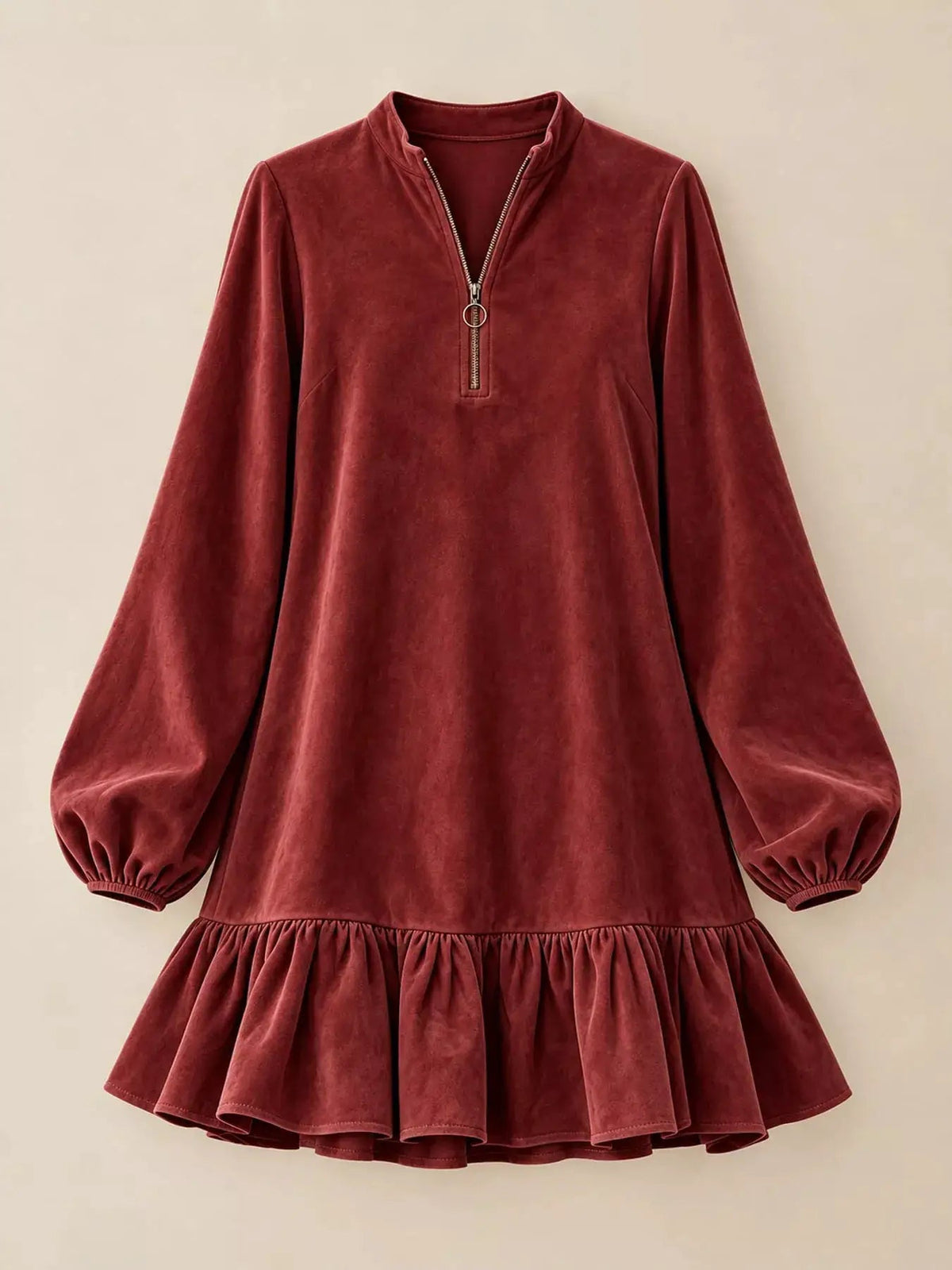Olive Quarter Zip Ruffle Hem Long Sleeve Mini Dress - Bitsy Gypsy Boutique