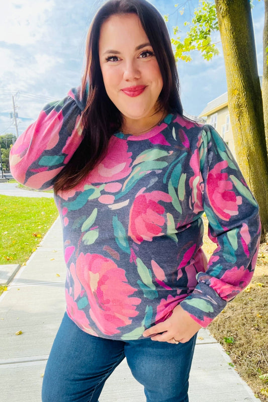 On My Heart Navy Floral Brushed Hacci Sweater Top - Bitsy Gypsy Boutique