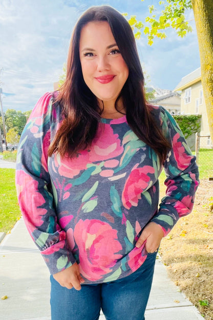 On My Heart Navy Floral Brushed Hacci Sweater Top - Bitsy Gypsy Boutique