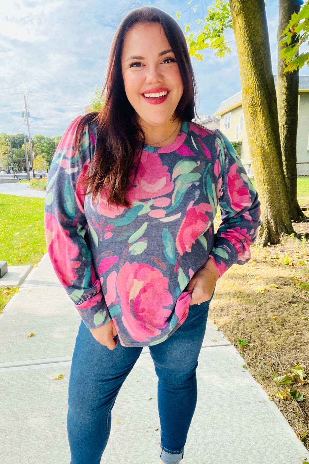 On My Heart Navy Floral Brushed Hacci Sweater Top - Bitsy Gypsy Boutique
