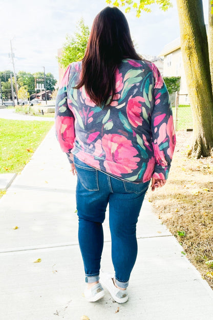 On My Heart Navy Floral Brushed Hacci Sweater Top - Bitsy Gypsy Boutique