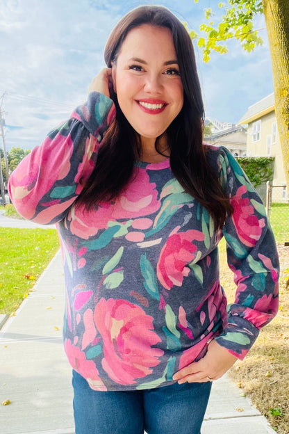 On My Heart Navy Floral Brushed Hacci Sweater Top - Bitsy Gypsy Boutique