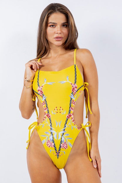 ONE PIECE SIDE CUTOUT FRONT CHERRY BLOSSOM PRINTS - Bitsy Gypsy Boutique