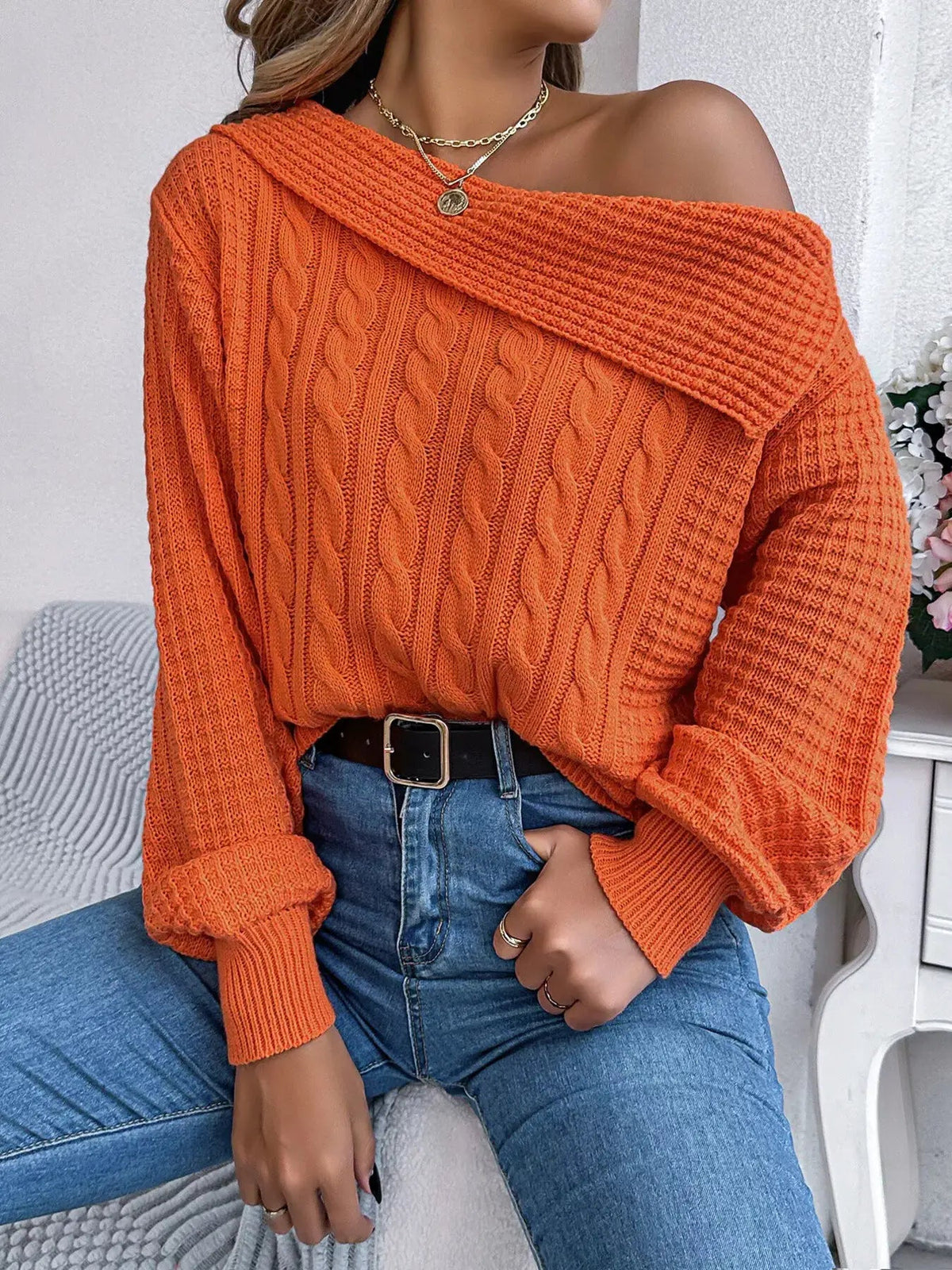 One Shoulder Cable Knit Sweater - Bitsy Gypsy Boutique