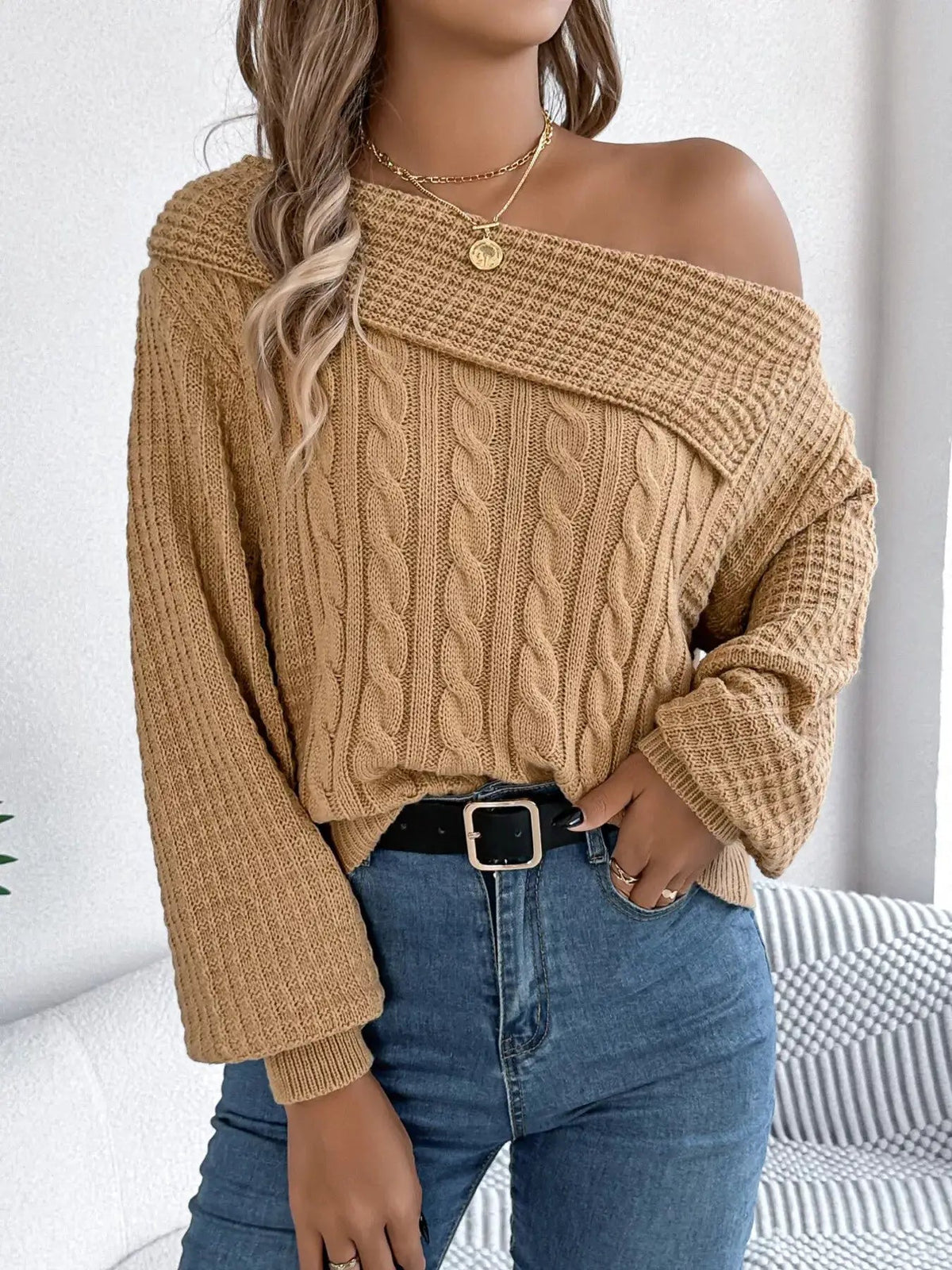 One Shoulder Cable Knit Sweater - Bitsy Gypsy Boutique