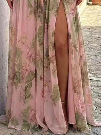 One-Shoulder Floral Chiffon Maxi Dress - Bitsy Gypsy Boutique