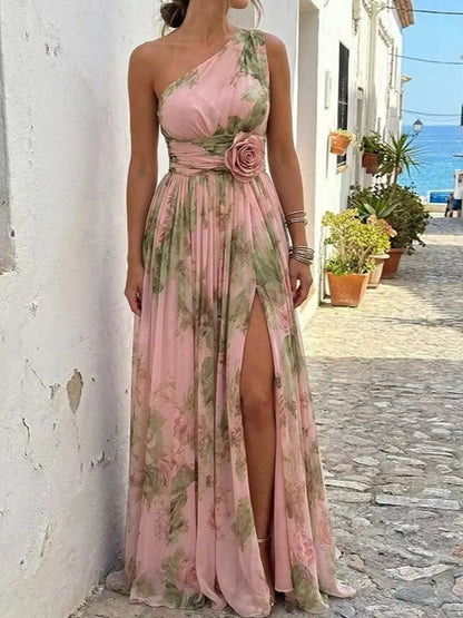 One-Shoulder Floral Chiffon Maxi Dress - Bitsy Gypsy Boutique