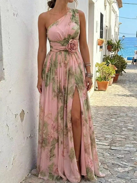 One-Shoulder Floral Chiffon Maxi Dress - Bitsy Gypsy Boutique