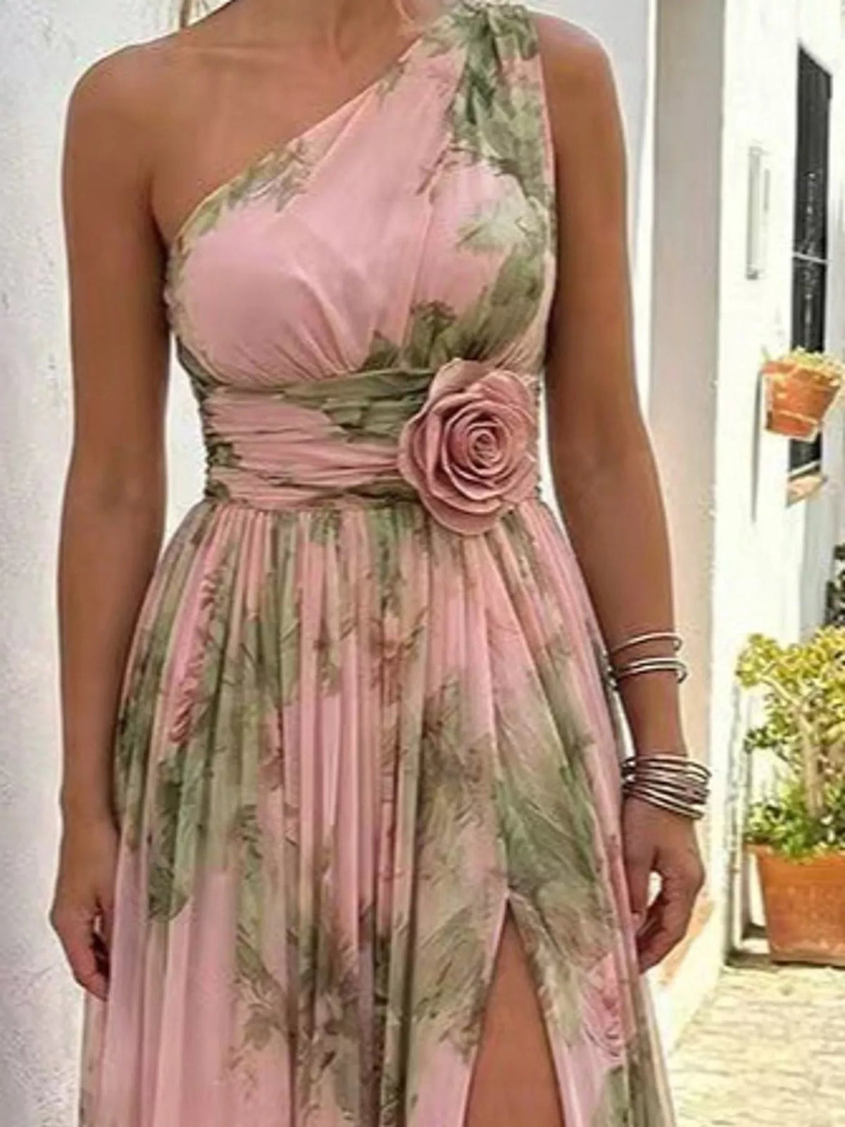 One-Shoulder Floral Chiffon Maxi Dress - Bitsy Gypsy Boutique