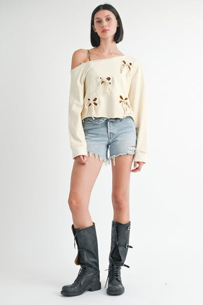 ONE SHOULDER FRENCH TERRY TOP WITH CUTOUT DETAIL - Bitsy Gypsy Boutique