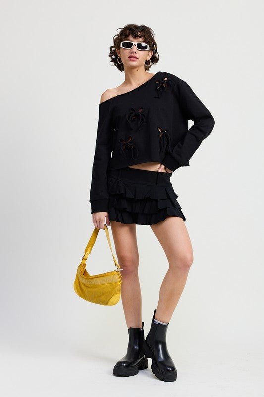 ONE SHOULDER FRENCH TERRY TOP WITH CUTOUT DETAIL - Bitsy Gypsy Boutique