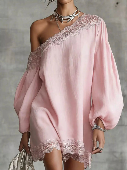 One-Shoulder Lace Trimmed Puff Sleeve Mini Dress - Bitsy Gypsy Boutique