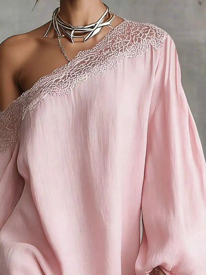 One-Shoulder Lace Trimmed Puff Sleeve Mini Dress - Bitsy Gypsy Boutique